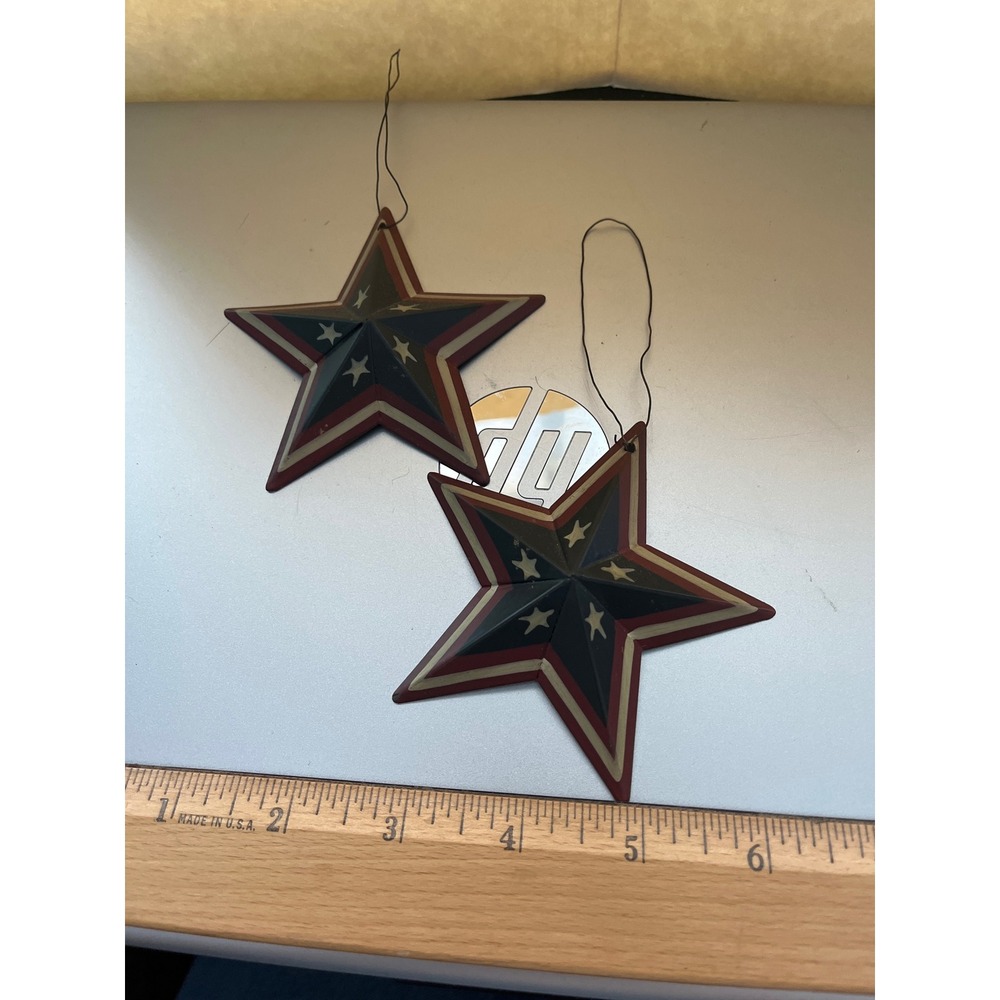Rustic Metal Barn Star Ornaments Set of 2 Patriotic Americana Red White Blue 4in